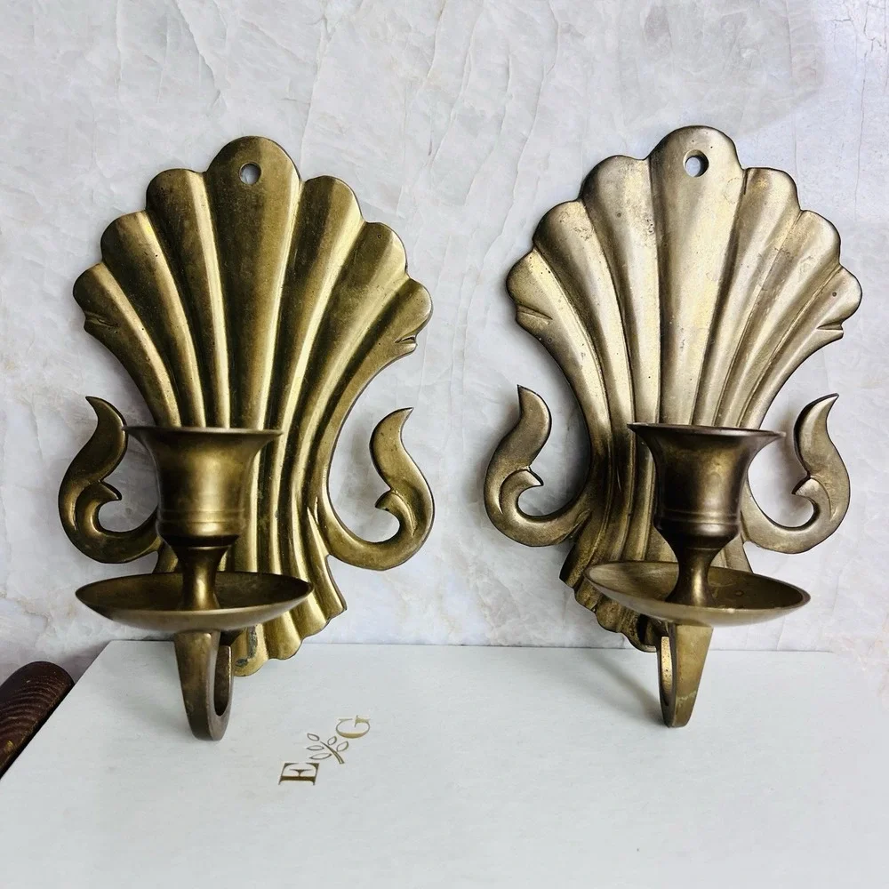 Vintage Brass Shell Wall Candle Sconces Pair Hollywood Regency Coastal 6